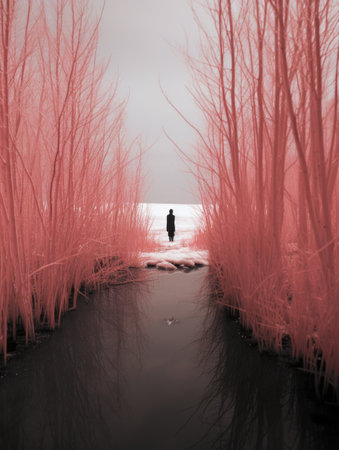 a man standing in the middle of a river with pink treesの素材