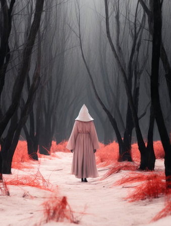a person in a hooded robe walking through a forestの素材