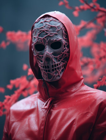 a man wearing a red hoodie and a skull maskの素材