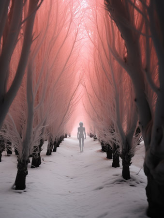 a person walking through a forest with pink treesの素材