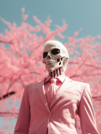 a skeleton wearing a pink suit and tie stands in front of a pink treeの素材