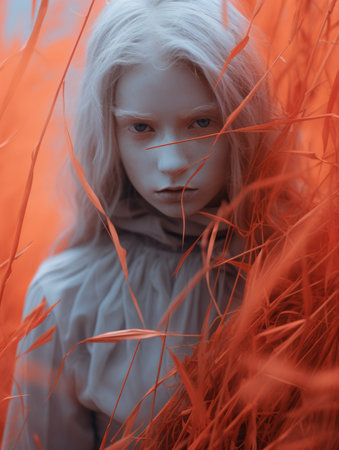 a girl with long blonde hair in a field of red grassの素材
