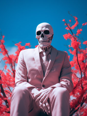a skeleton in a suit sitting on a tree branchの素材