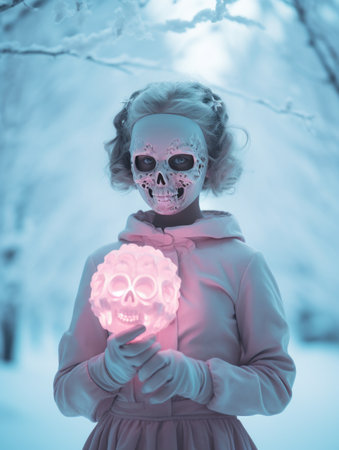 a woman in a pink dress holding a pink skullの素材