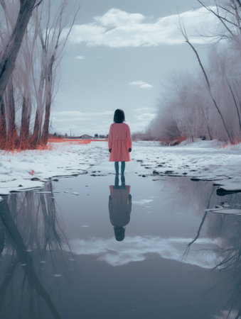a person standing in the middle of a river in the snowの素材