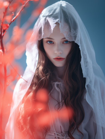 a woman in a white dress and veil standing in front of red leavesの素材