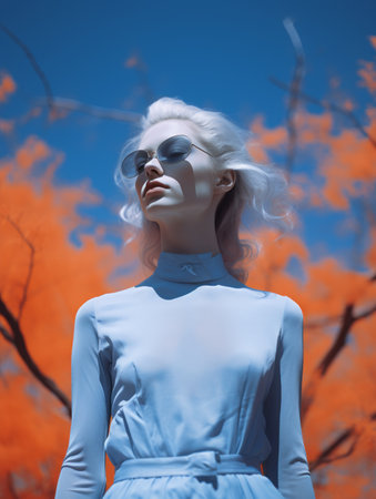 a woman in a blue dress and sunglasses stands in front of an orange treeの素材