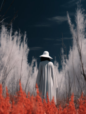 a woman in a white dress and hat walking through a field of red flowersの素材
