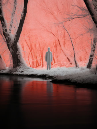 a person standing in the snow next to a riverの素材