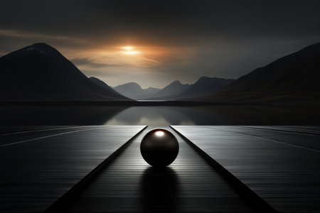 a ball sitting on a dock with mountains in the backgroundの素材