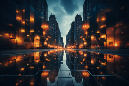 a city street at night with lights reflecting off the waterの素材