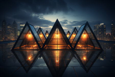 a group of triangular structures in front of a city at nightの素材