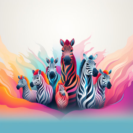 a group of zebras standing in front of a colorful backgroundの素材