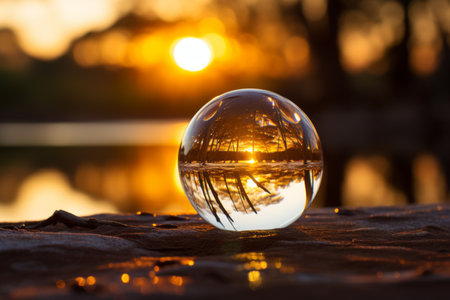 a glass ball sitting on the ground in front of a lakeの素材