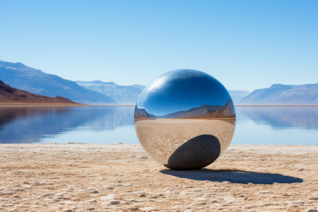 a large mirror in the desert with mountains in the backgroundの素材