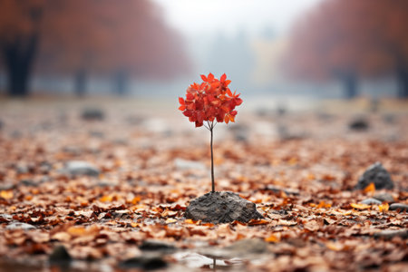 a lone red tree stands in the middle of a field of fallen leavesの素材