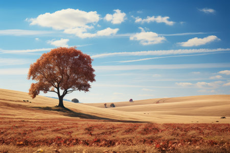 a lone tree in a field under a blue skyの素材