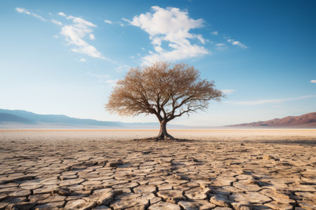a lone tree stands in the middle of a dry desertの素材