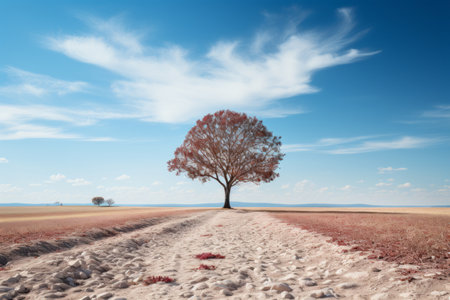 a lone tree in the middle of an empty fieldの素材