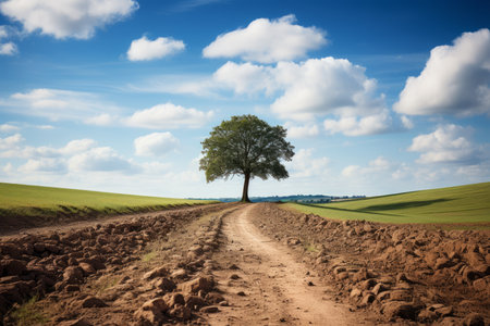 a lone tree stands in the middle of a dirt roadの素材