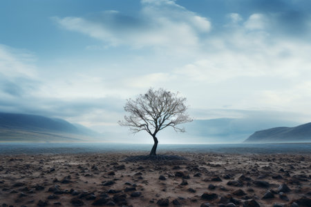 a lone tree stands in the middle of a barren landscapeの素材