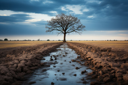 a lone tree stands in the middle of a muddy fieldの素材