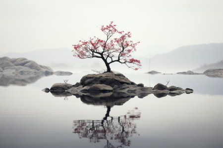 a lone tree on a rock in the middle of a lakeの素材