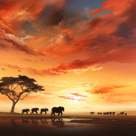 a painting of elephants walking across the savannah at sunsetの素材