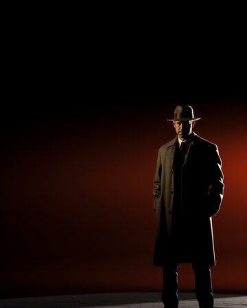 a man in a hat and coat standing in front of a red wallの素材