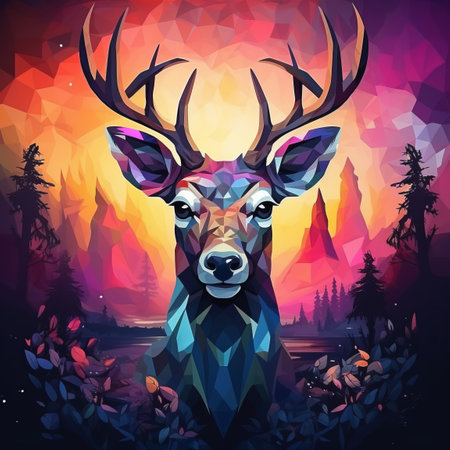 a painting of a deer with antlers and a sunset in the backgroundの素材