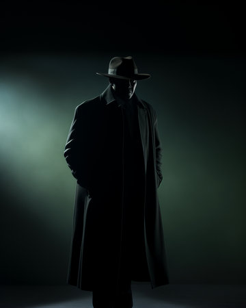 a man in a hat and coat standing in the darkの素材