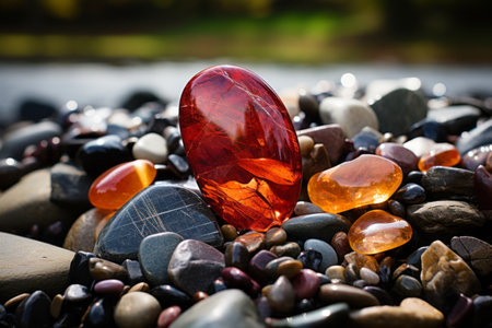 a red stone sitting on top of a pile of rocksの素材