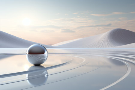 a silver sphere is sitting on top of the water in front of a mountainの素材