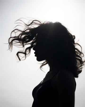 a silhouette of a woman with her hair blowing in the windの素材