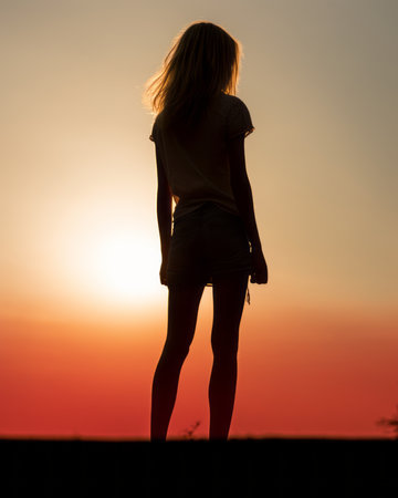 a silhouette of a woman standing on a hill at sunsetの素材