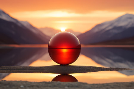 a red ball sitting on the ground in front of a lake with mountains in the backgroundの素材