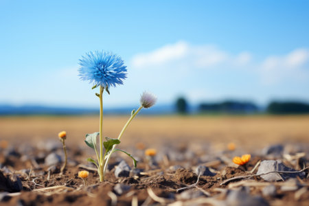a single blue flower is growing in a fieldの素材