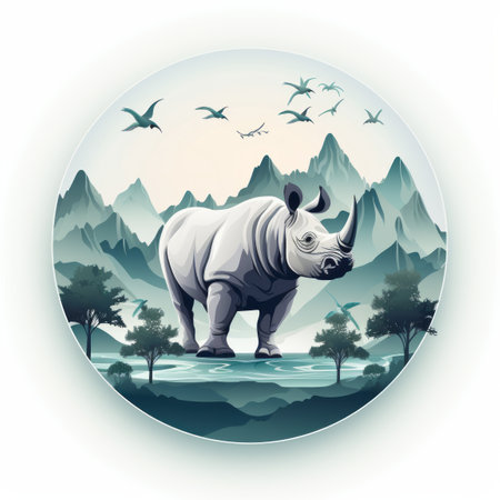 a rhino standing in front of mountains and birdsの素材