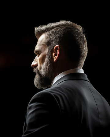 a man with a beard in a suit looking off to the sideの素材