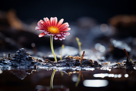 a single red flower is standing in a puddle of waterの素材