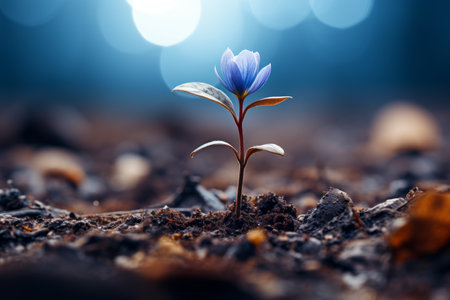 a small blue flower is growing out of the groundの素材