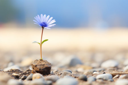 a small blue flower is growing out of a rockの素材