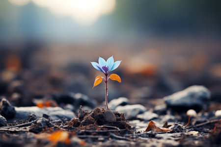a small blue flower is growing out of the groundの素材