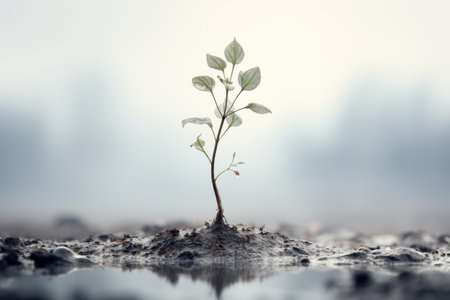 a small plant sprouting from the ground in the middle of a muddy fieldの素材