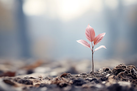 a small plant growing out of the ground in the middle of a forestの素材