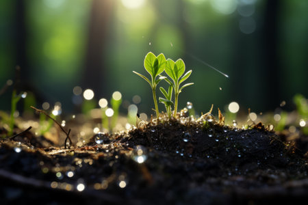 a small plant sprouting from the ground in a forestの素材