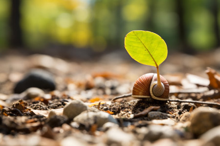 a snail is growing out of a leaf on the groundの素材