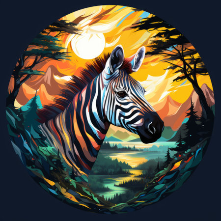 a zebra standing in front of trees and mountains at sunsetの素材