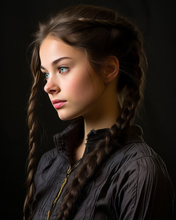 a young woman with long braids on her headの素材