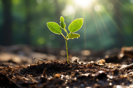 a young plant sprouting from the ground in the sunlightの素材